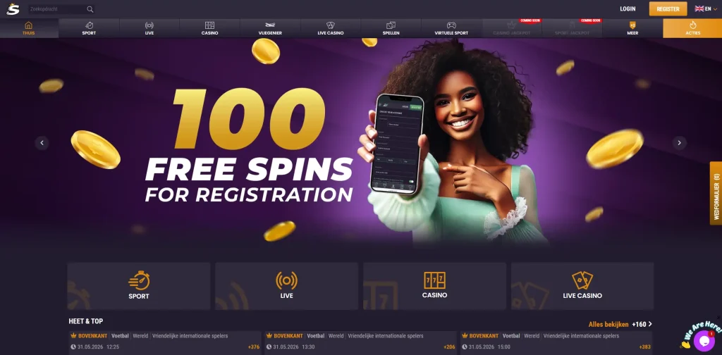 SpinKings24 Casino homepage met 100 gratis spins en live sportweddenschappen