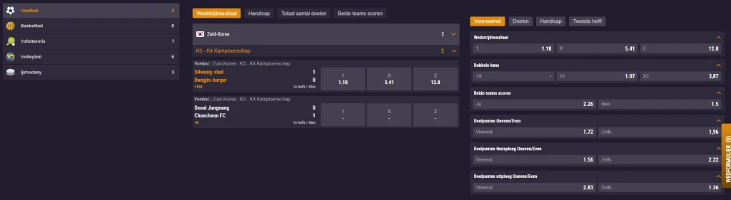 SpinKings24 Casino live voetbalweddenschappen met odds en wedstrijdmarkten